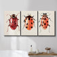 Three-panel canvas wall art featuring ladybugs on green foliage, displayed in a bathroom above a bathtub.