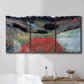 Three-panel canvas wall art featuring poppy field in shallow valley, displayed in a bathroom above a bathtub.