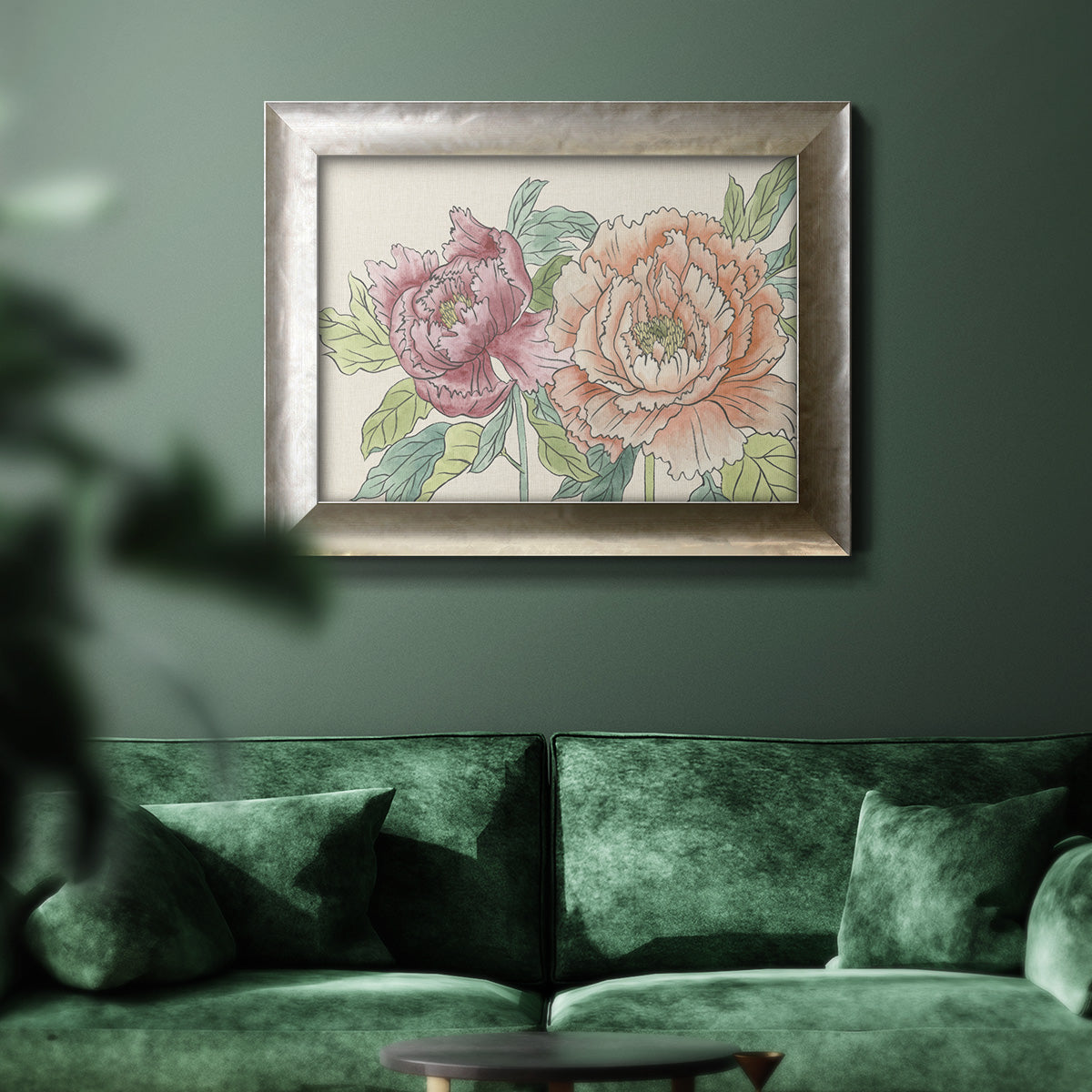 Modern peony floral drawing in an ornate mottled silver frame displayed in a dark-toned interior setting.