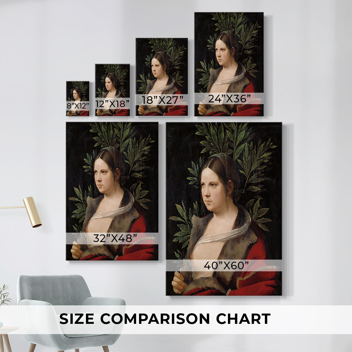 Size comparison chart for canvas art prints, showing multiple size options.