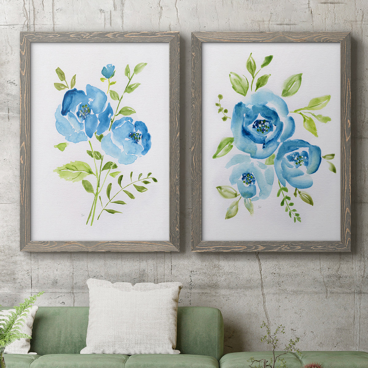 Blue Morning Bouquet I - Premium Framed Canvas 2 Piece Set - Ready to Hang