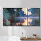 Three-panel canvas wall art featuring misty river surface at dawn, displayed in a bathroom above a bathtub.