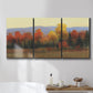 Three-panel canvas wall art featuring autumn landscape changing foliage, displayed in a bathroom above a bathtub.