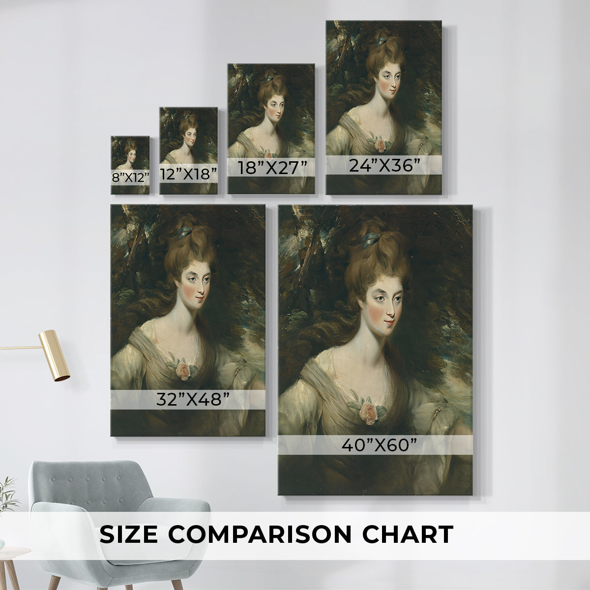 Size comparison chart for canvas art prints, showing multiple size options.