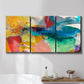 Three-panel canvas wall art featuring layered abstract observational color blocks, displayed in a bathroom above a bathtub.