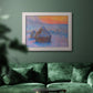 Impressionist haystack scene at sunset by Claude Monet in an ornate weathered white frame displayed in a dark-toned interior setting.