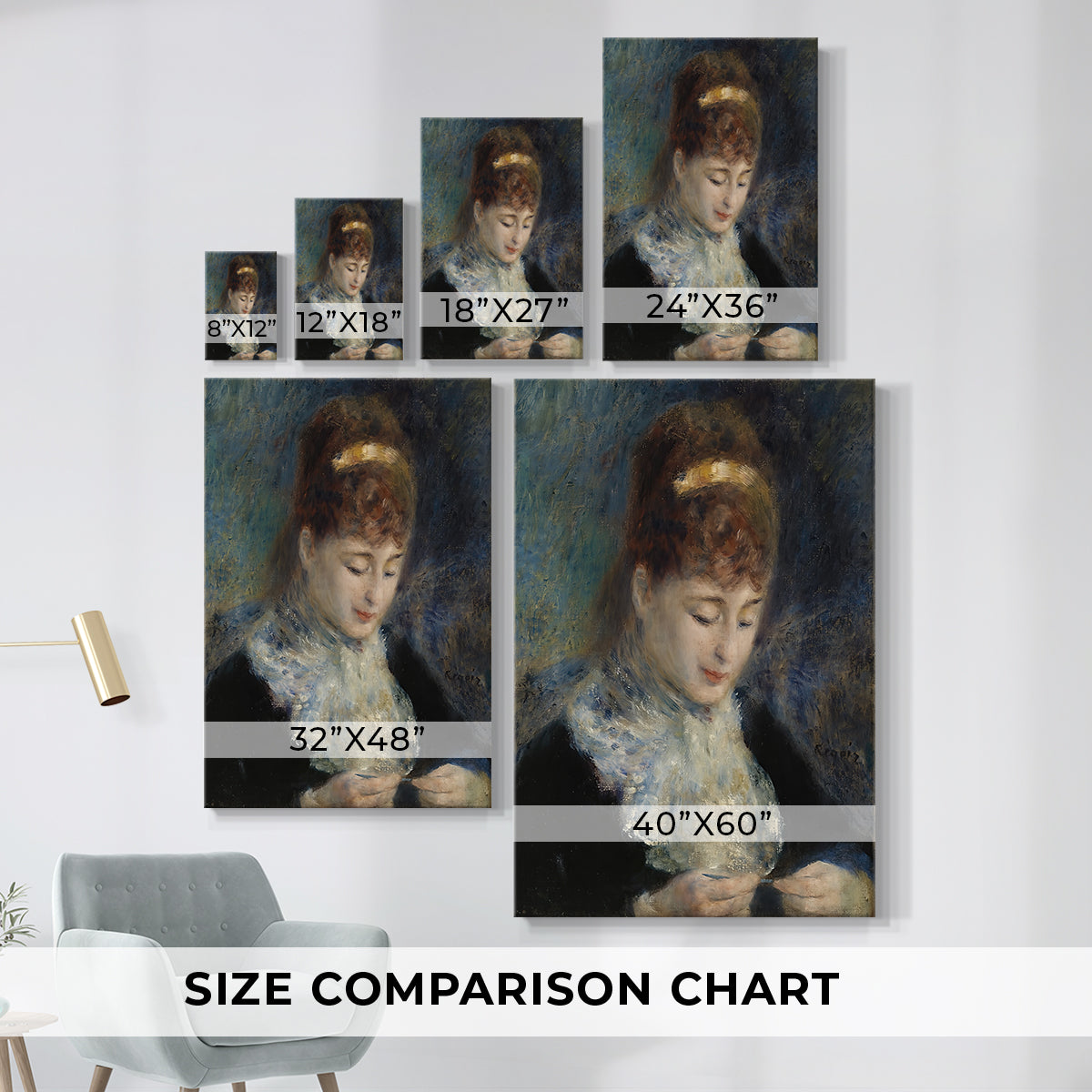 Size comparison chart for canvas art prints, showing multiple size options.