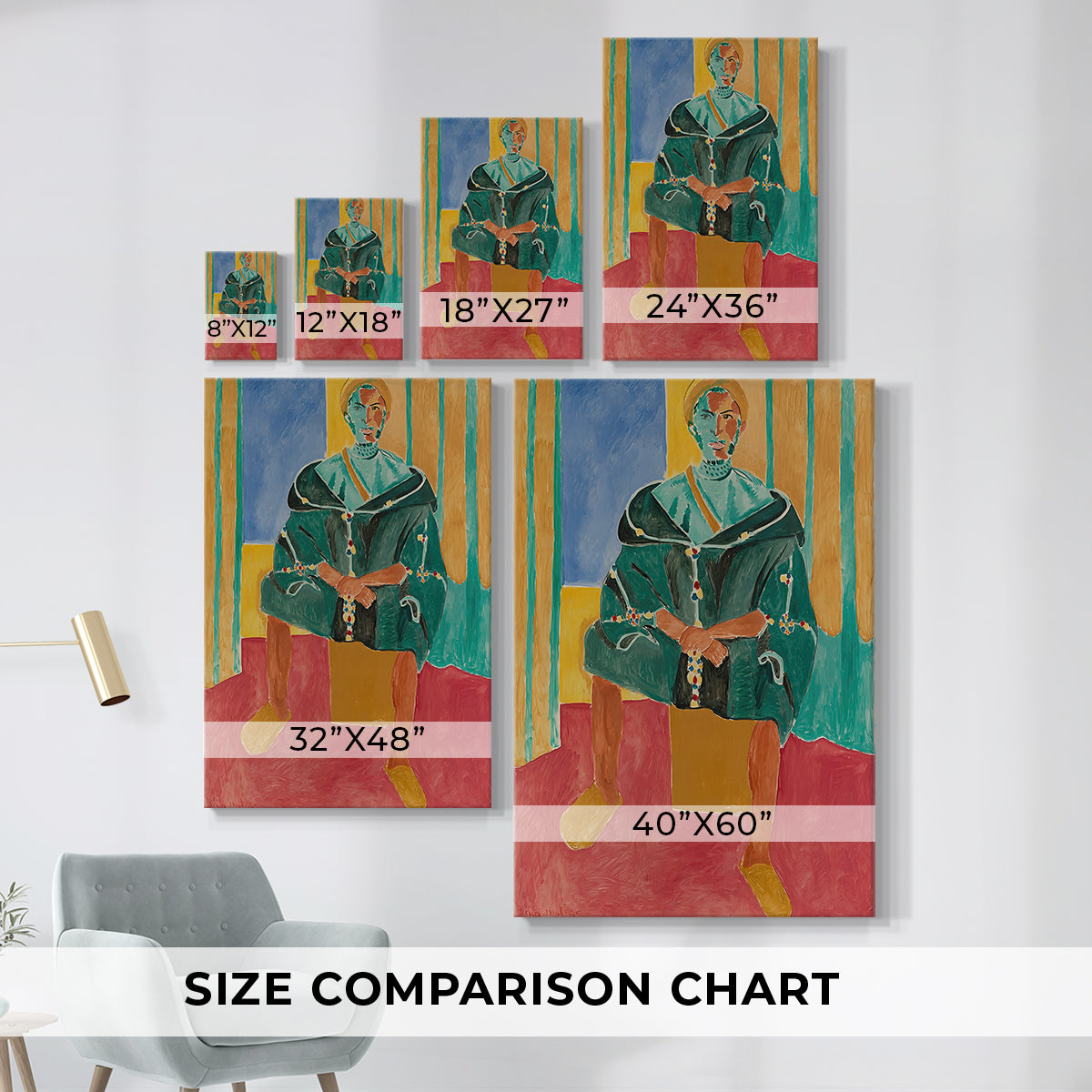 Size comparison chart for canvas art prints, showing multiple size options.