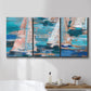 Three-panel canvas wall art featuring graphic pop style sailboats, displayed in a bathroom above a bathtub.
