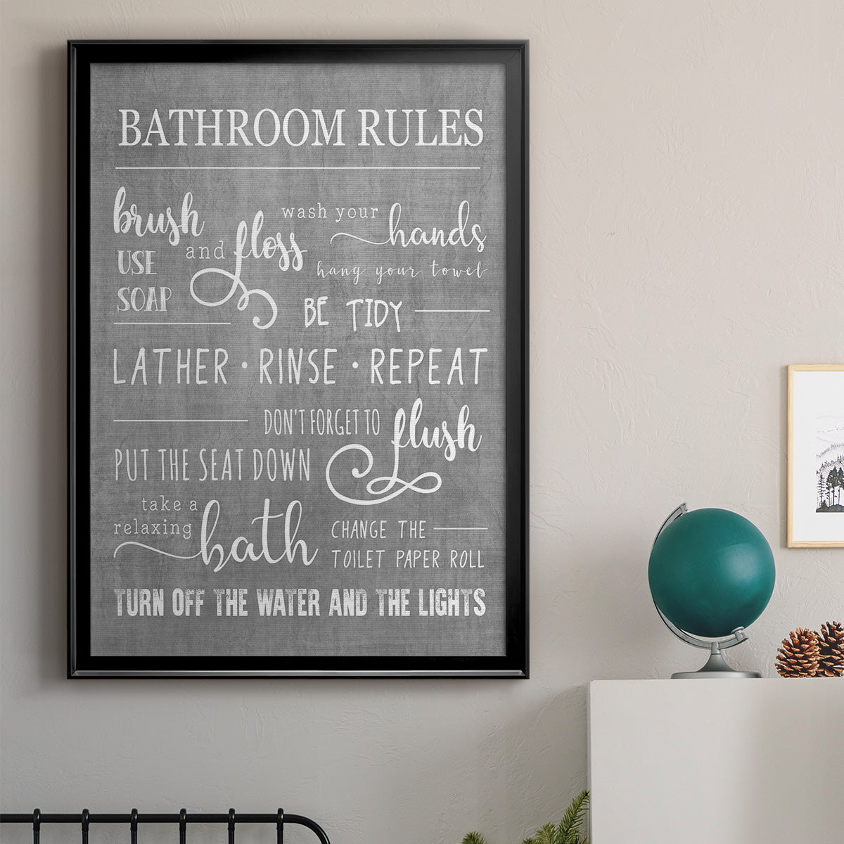 Neutral Bathroom Rules - Modern Framed Canvas Print
