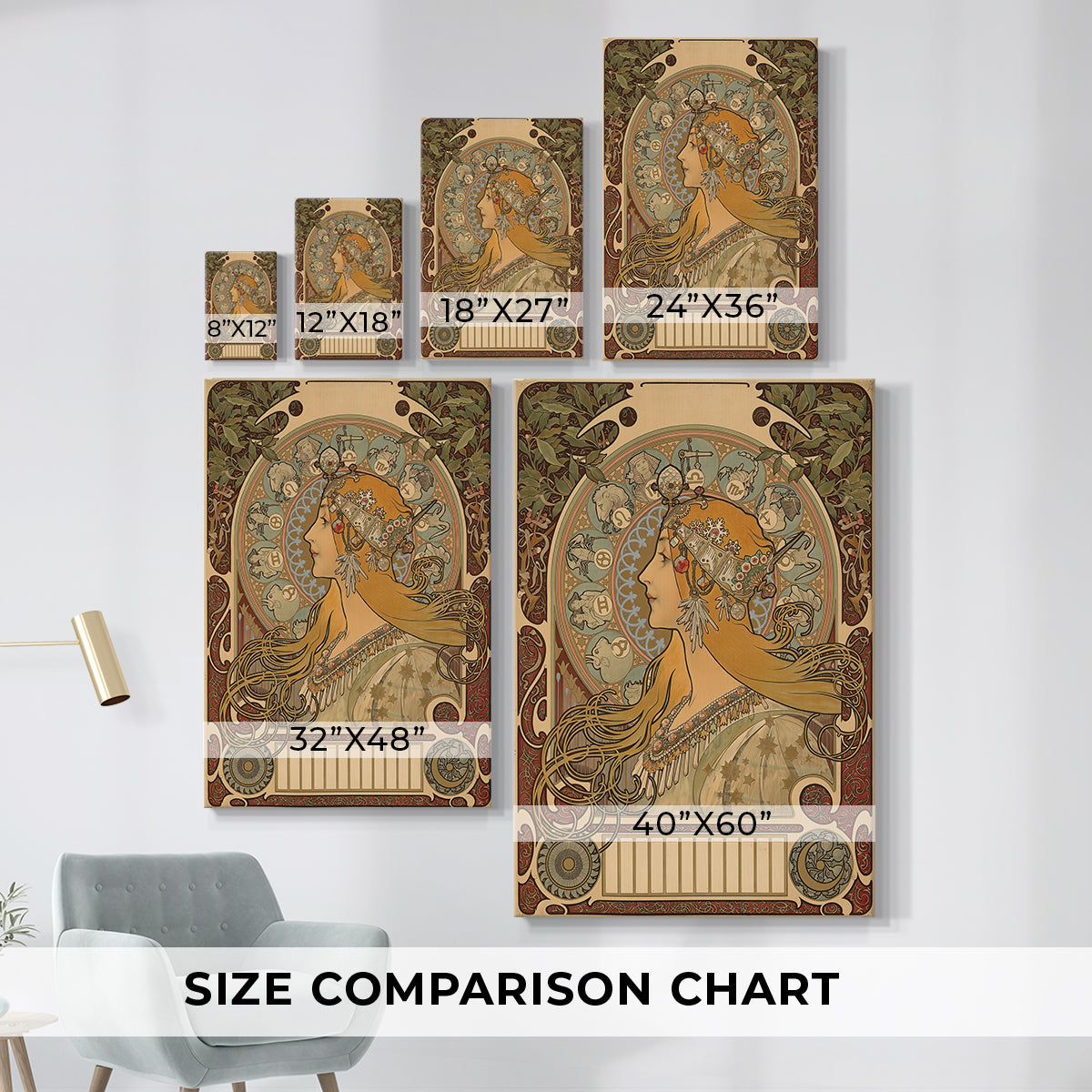 Size comparison chart for canvas art prints, showing multiple size options.