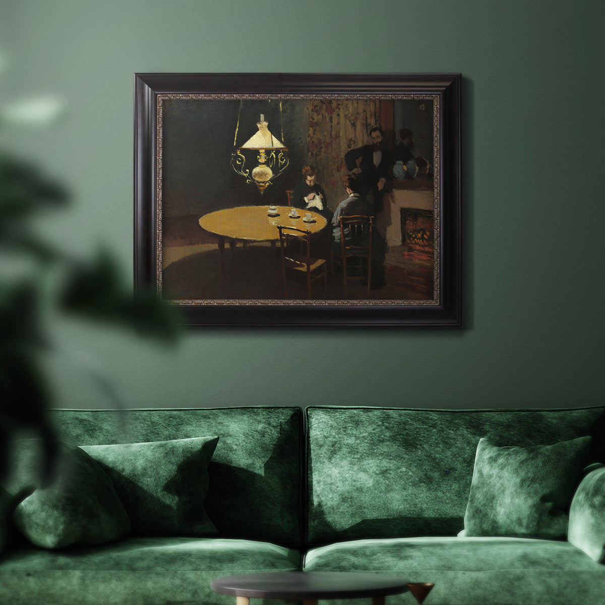 Impressionist domestic interior scene by Claude Monet in an ornate black frame with gilded inner detail displayed in a dark-toned interior setting.