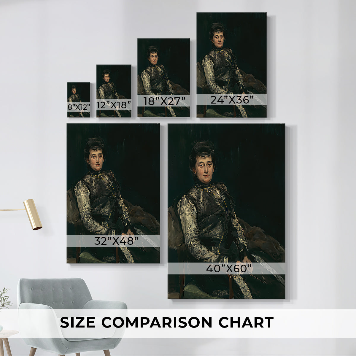 Size comparison chart for canvas art prints, showing multiple size options.