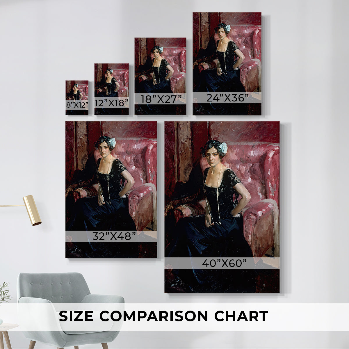 Size comparison chart for canvas art prints, showing multiple size options.