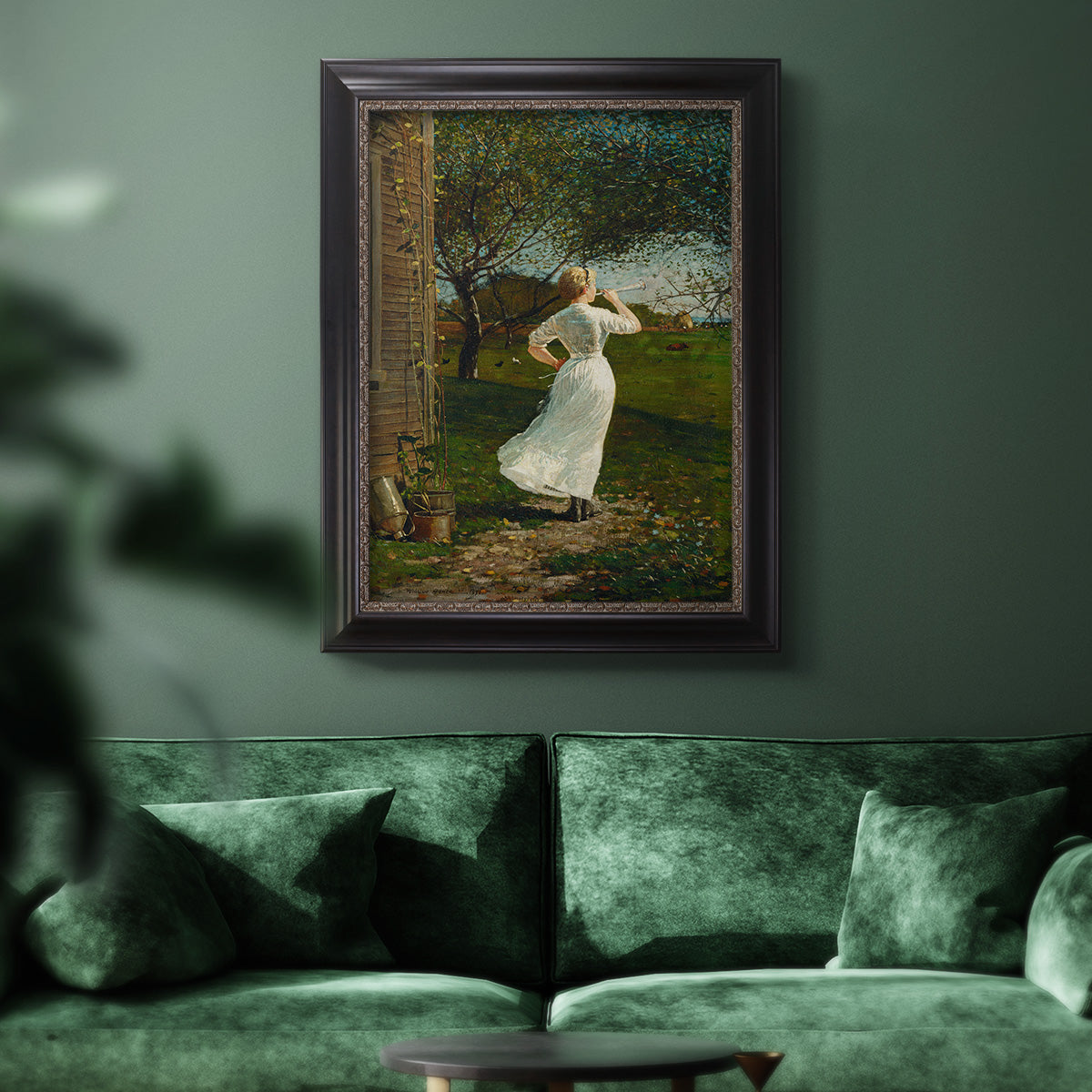 Narrative religious genre scene by Winslow Homer in an ornate black frame with gilded inner detail displayed in a dark-toned interior setting.
