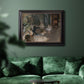 Impressionist backstage ballet scene by Edgar Degas in an ornate black frame with gilded inner detail displayed in a dark-toned interior setting.