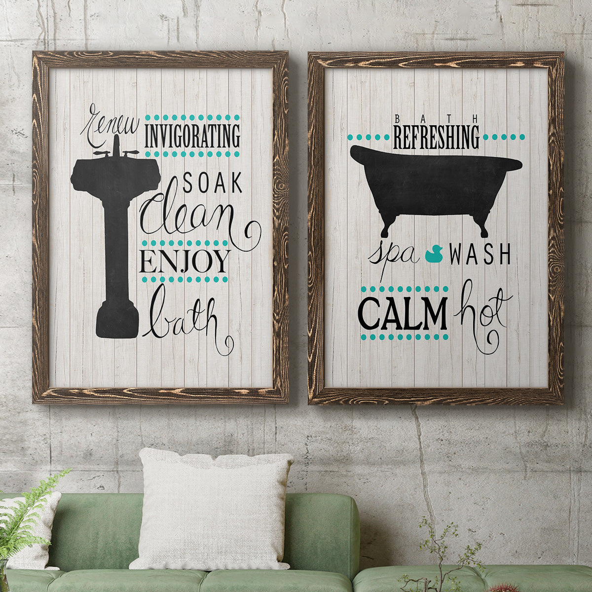 Set of two walnut barnwood framed canvas prints depicting a coordinated art pair of playful bathtub silhouettes and bath-themed typography rendered as graphic bathroom word art above a sofa in a modern living room.