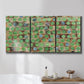 Three-panel canvas wall art featuring geometric fractal abstract slot pattern, displayed in a bathroom above a bathtub.