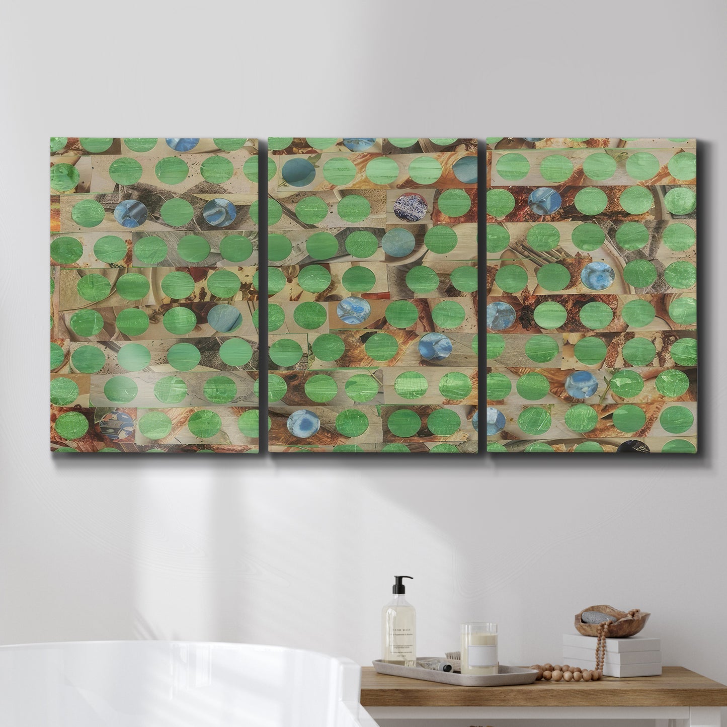 Three-panel canvas wall art featuring geometric fractal abstract slot pattern, displayed in a bathroom above a bathtub.
