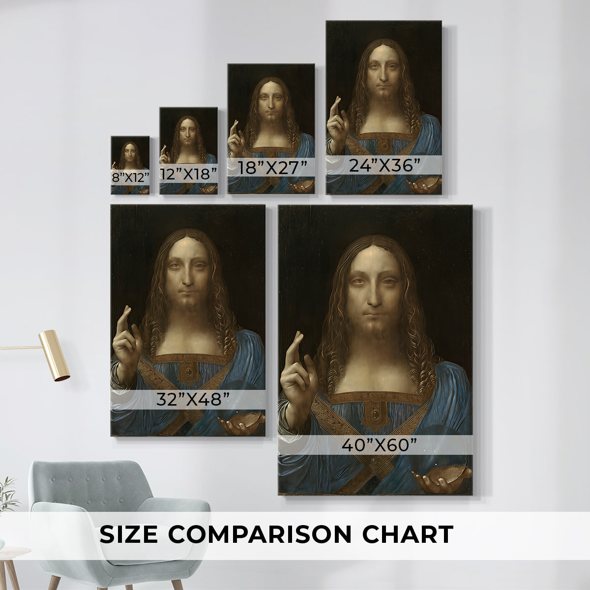 Size comparison chart for canvas art prints, showing multiple size options.