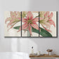 Three-panel canvas wall art featuring vintage styled amaryllis floral study, displayed in a bathroom above a bathtub.