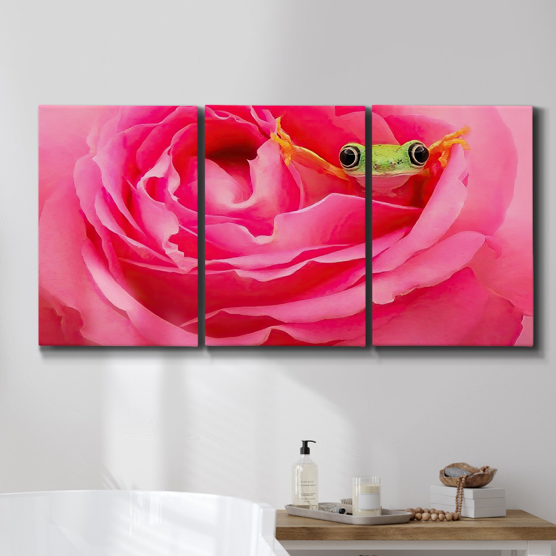 Three-panel canvas wall art featuring animal photography with floral elements, displayed in a bathroom above a bathtub.