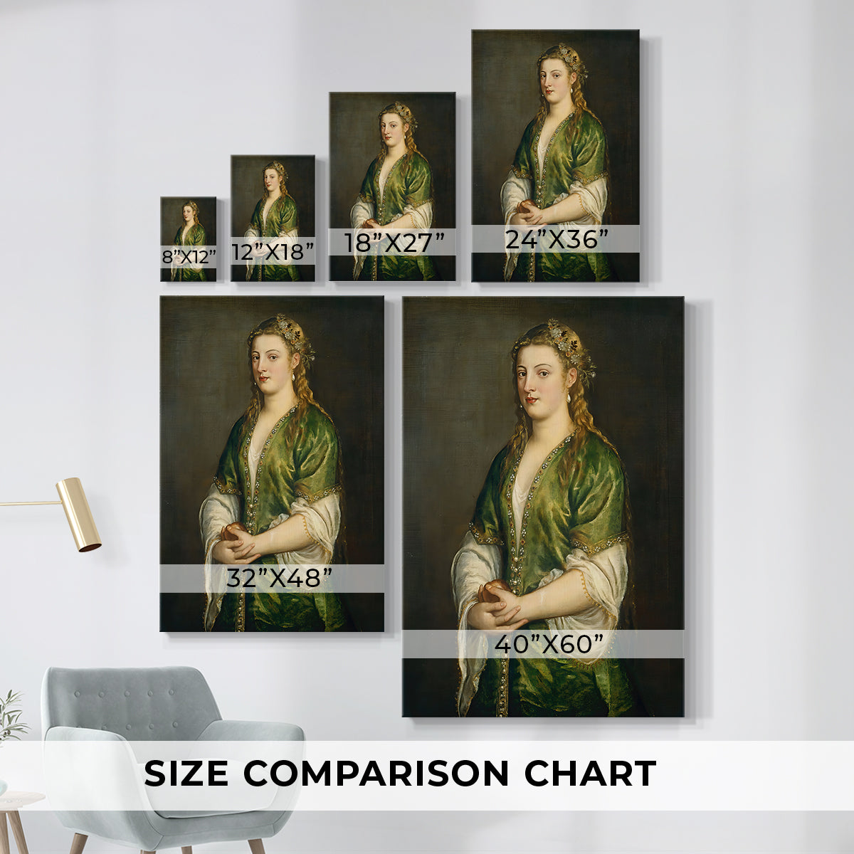 Size comparison chart for canvas art prints, showing multiple size options.