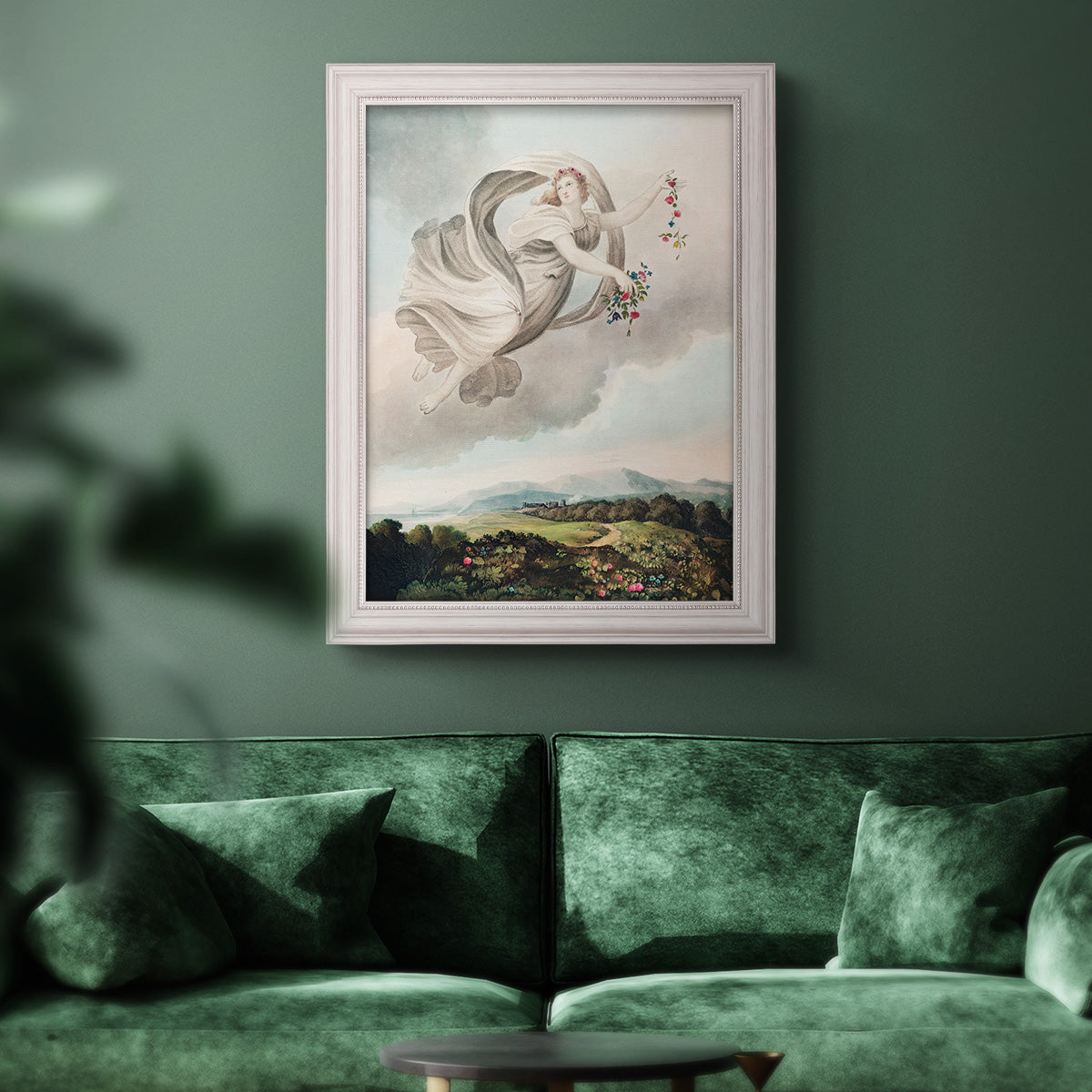 Classical allegorical depiction of the goddess Flora by Robert John Thornton in an ornate weathered white frame displayed in a dark-toned interior setting.