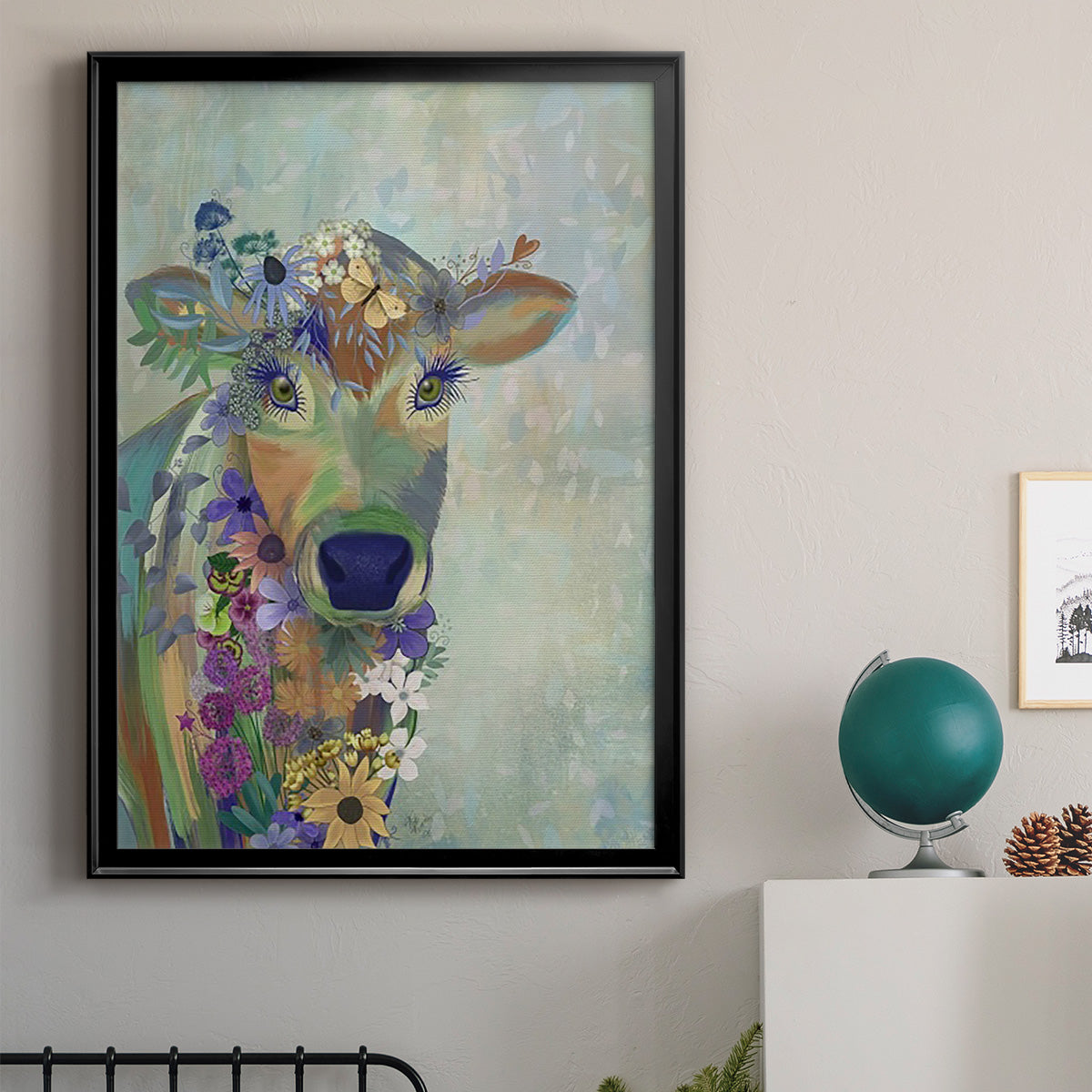 Fantastic Florals Cow - Modern Framed Canvas Print