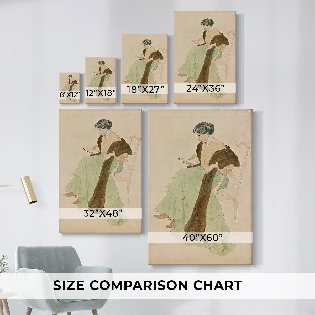 Size comparison chart for canvas art prints, showing multiple size options.