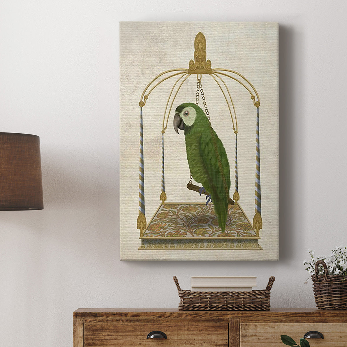 Green Parrot on Swing - Canvas Art Print