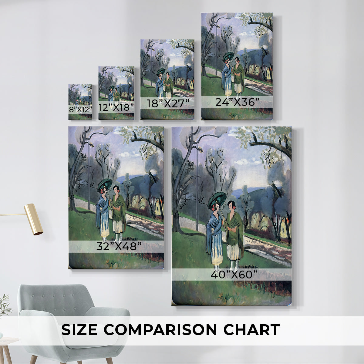 Size comparison chart for canvas art prints, showing multiple size options.