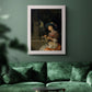 Classical interior scene of a woman weaving flowers by Godfried Schalcken in an ornate weathered white frame displayed in a dark-toned interior setting.