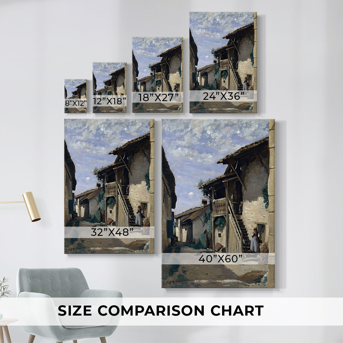 Size comparison chart for canvas art prints, showing multiple size options.