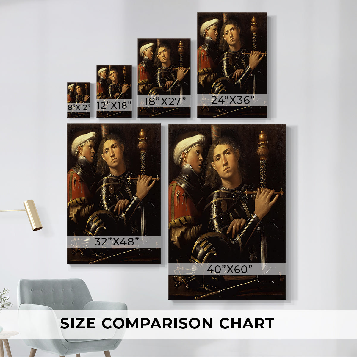 Size comparison chart for canvas art prints, showing multiple size options.