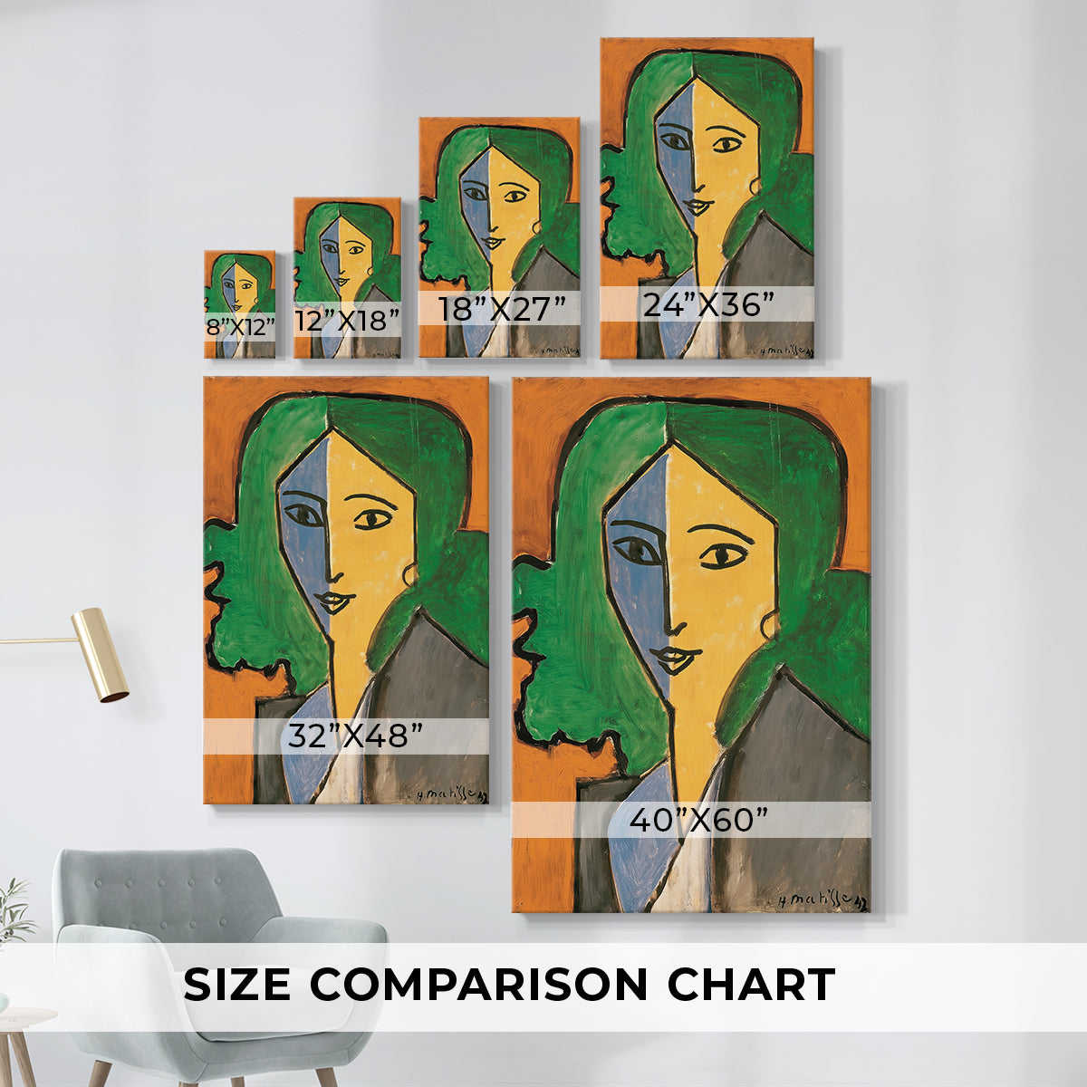 Size comparison chart for canvas art prints, showing multiple size options.