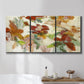 Three-panel canvas wall art featuring layered floral botanical impressions, displayed in a bathroom above a bathtub.