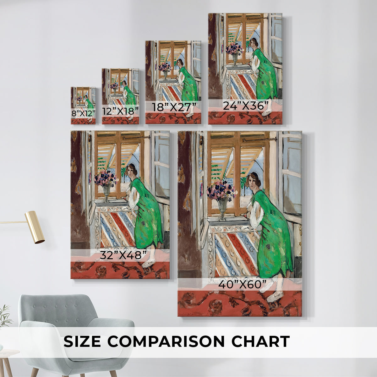 Size comparison chart for canvas art prints, showing multiple size options.