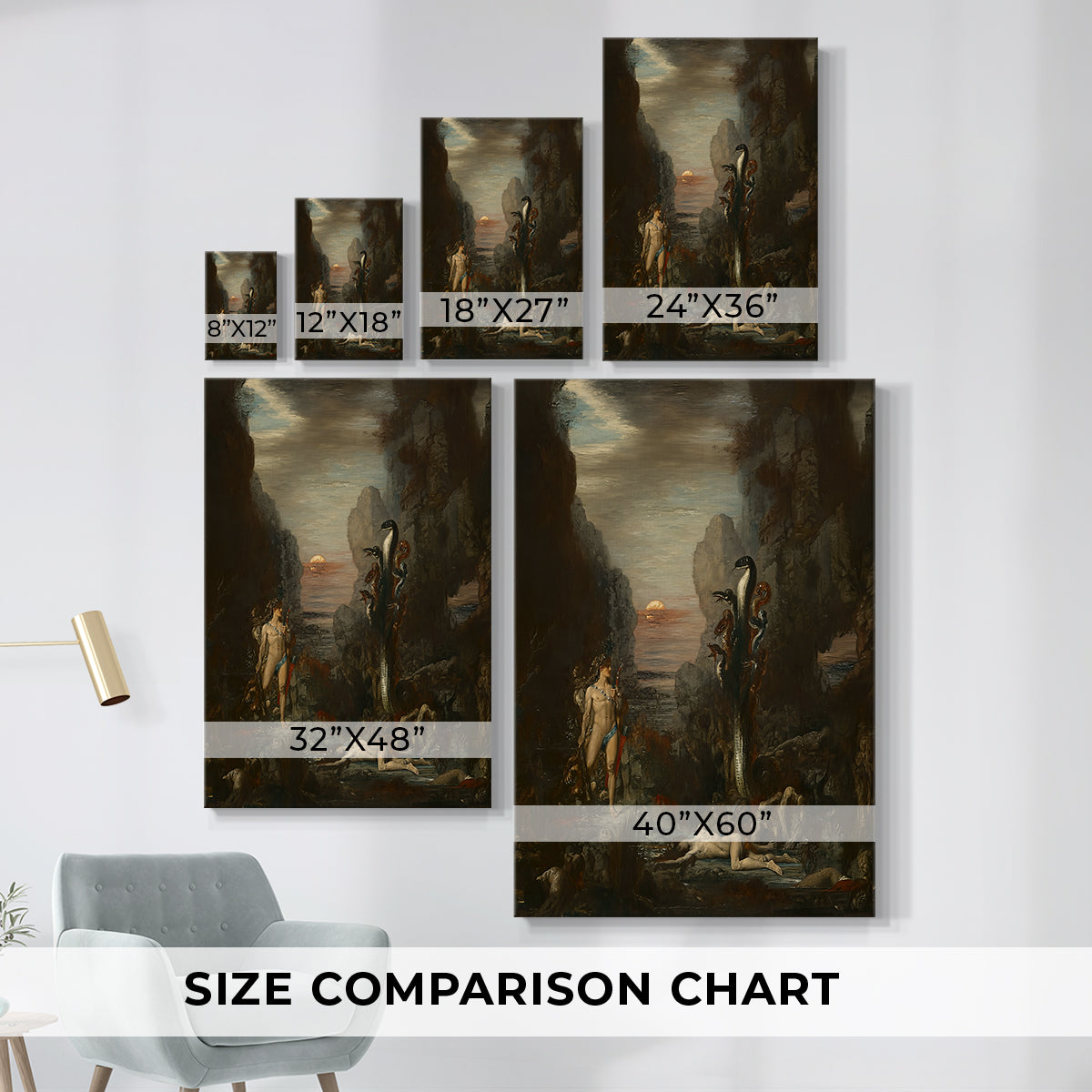 Size comparison chart for canvas art prints, showing multiple size options.