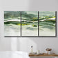 Three-panel canvas wall art featuring abstract passage of time composition, displayed in a bathroom above a bathtub.