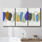 Three-panel canvas wall art featuring minimalist geometric abstract spacing, displayed in a bathroom above a bathtub.
