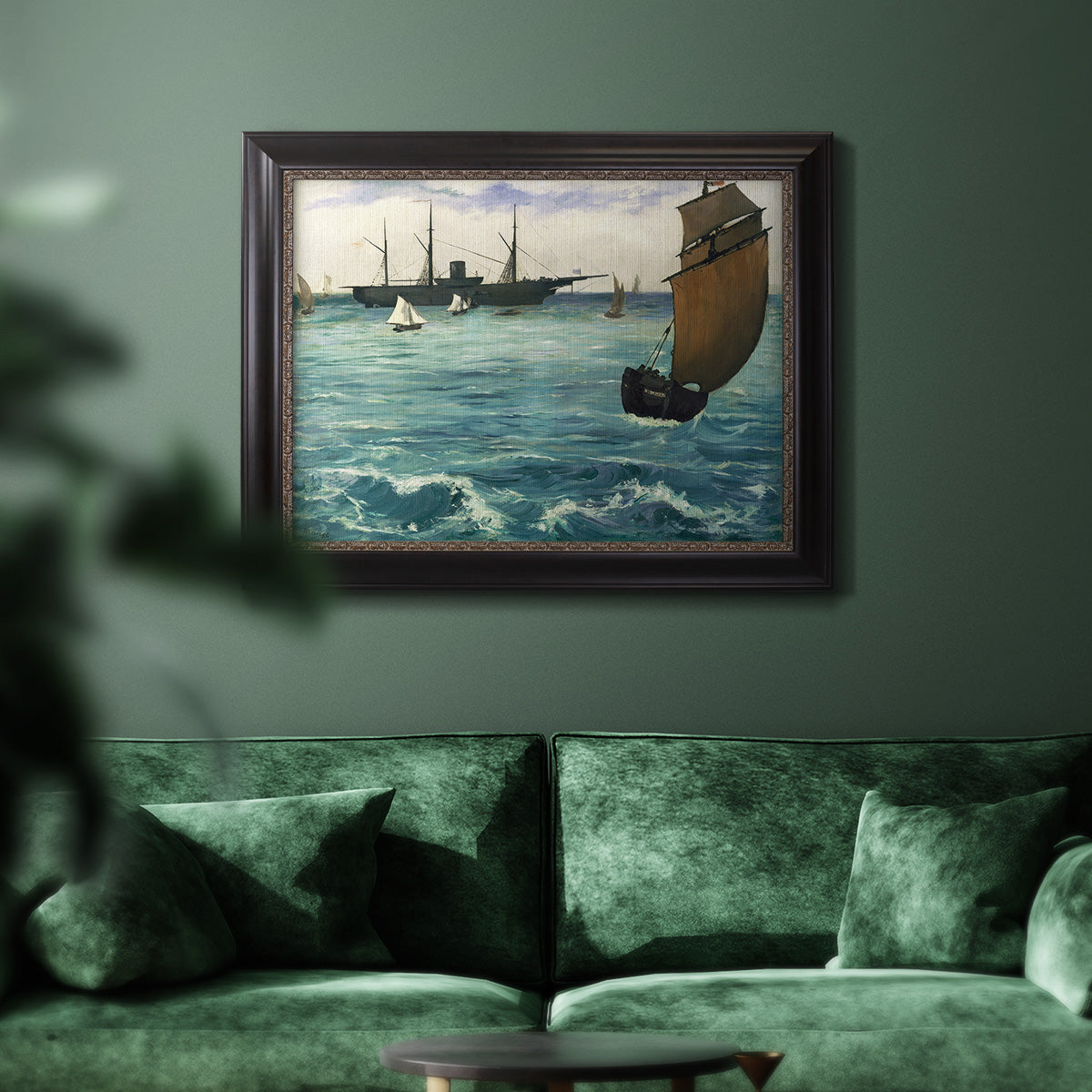 Impressionist naval seascape with the Kearsarge by Édouard Manet in an ornate black frame with gilded inner detail displayed in a dark-toned interior setting.