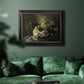 Groundbreaking impressionist picnic scene by Édouard Manet in an ornate black frame with gilded inner detail displayed in a dark-toned interior setting.