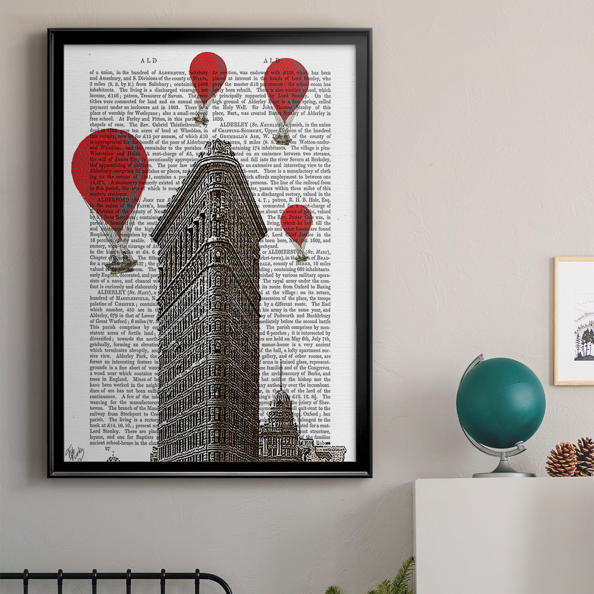 Flat Iron Building and Red Hot Air Balloons - Modern Framed Canvas Print