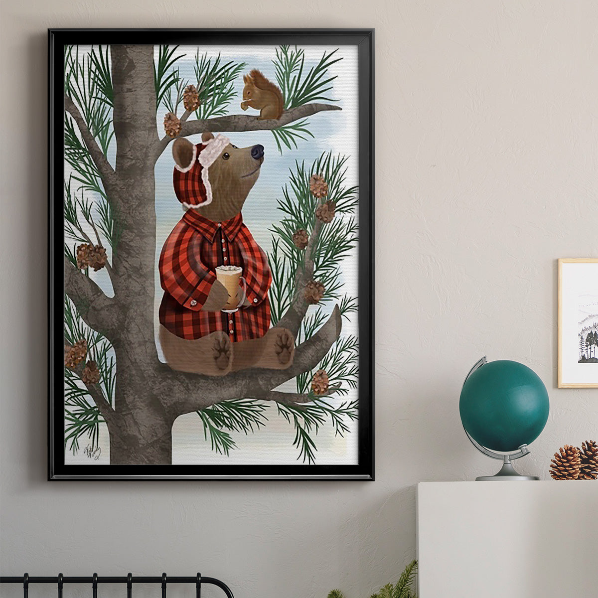 Lumberjack Bear Pine Tree Coffee Break - Modern Framed Canvas Print