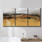 Three-panel canvas wall art featuring abstract bridge landscape in ochre, displayed in a bathroom above a bathtub.