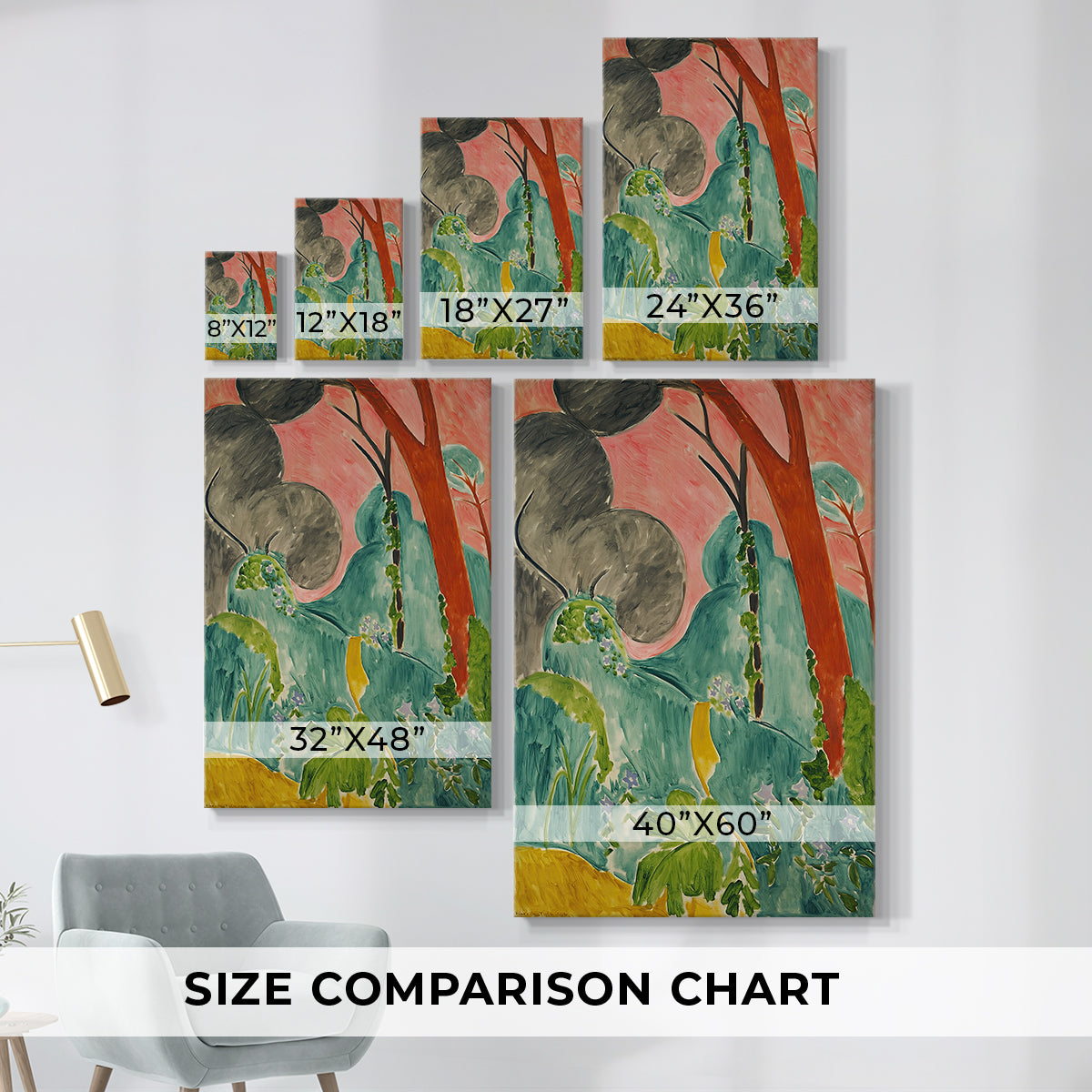 Size comparison chart for canvas art prints, showing multiple size options.