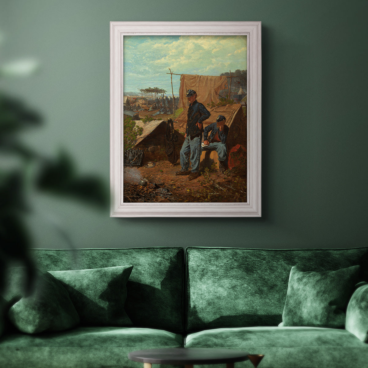 American genre scene of domestic life by Winslow Homer in an ornate weathered white frame displayed in a dark-toned interior setting.