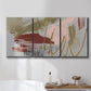 Three-panel canvas wall art featuring minimalist abstract line textures, displayed in a bathroom above a bathtub.