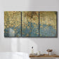 Three-panel canvas wall art featuring metallic abstract gold tones, displayed in a bathroom above a bathtub.